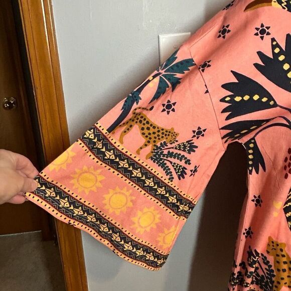 Farm Rio Anthropologie Printed Shift Mini Dress bell sleeves oversized pink comb - Picture 6 of 15